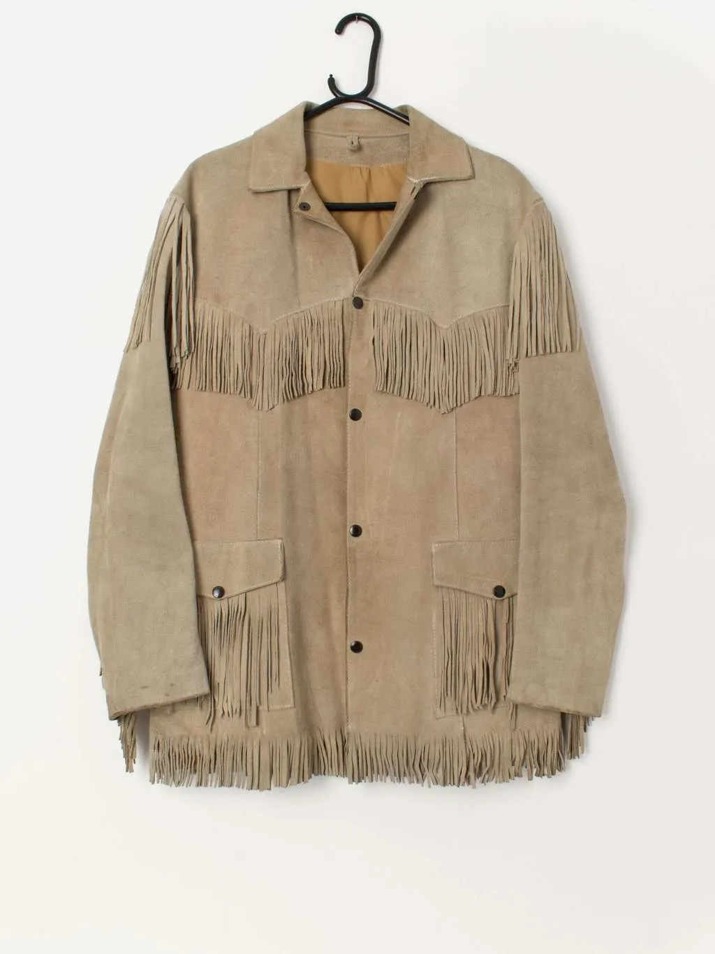 70s vintage suede fringed jacket with snap button closure – Medium