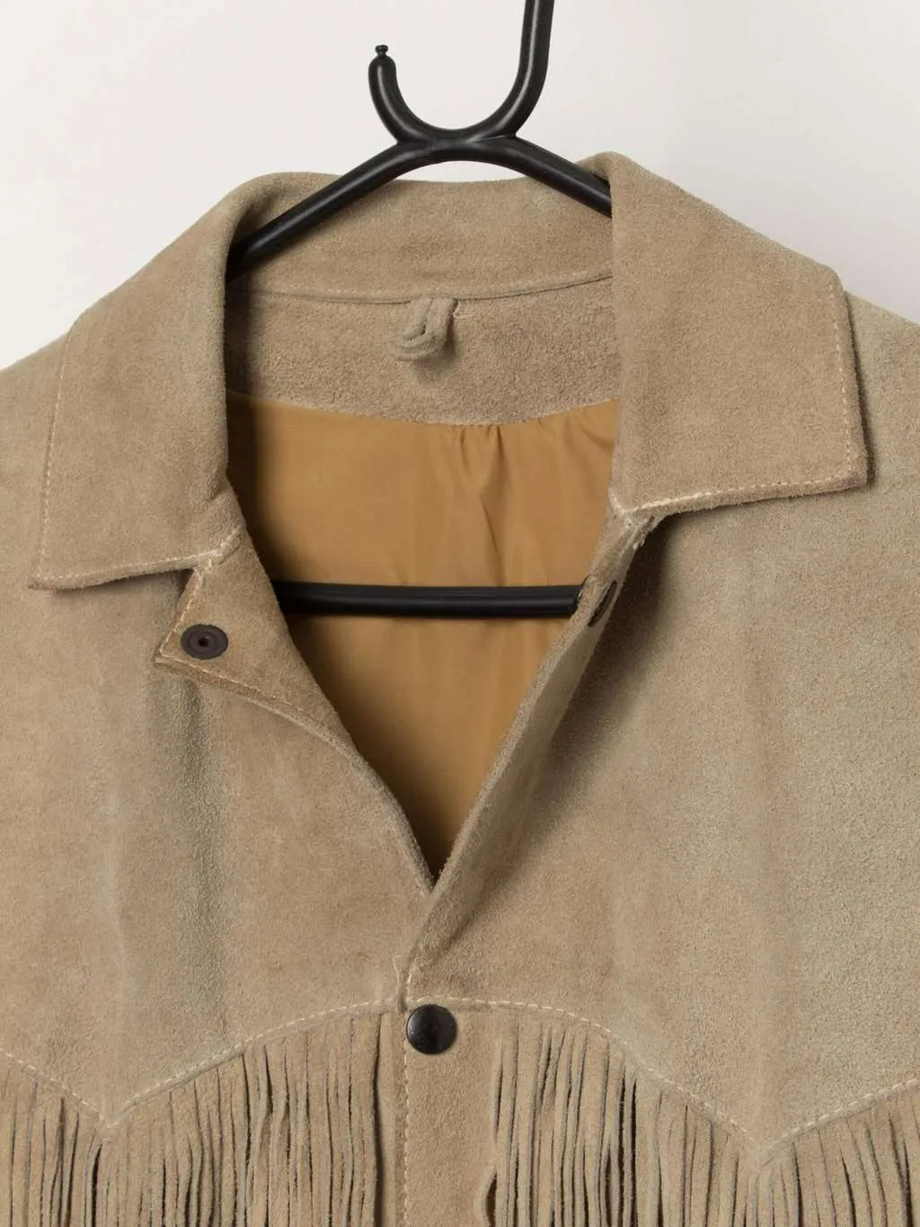 70s vintage suede fringed jacket with snap button closure – Medium