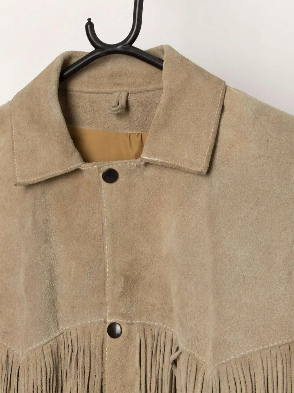 70s vintage suede fringed jacket with snap button closure – Medium