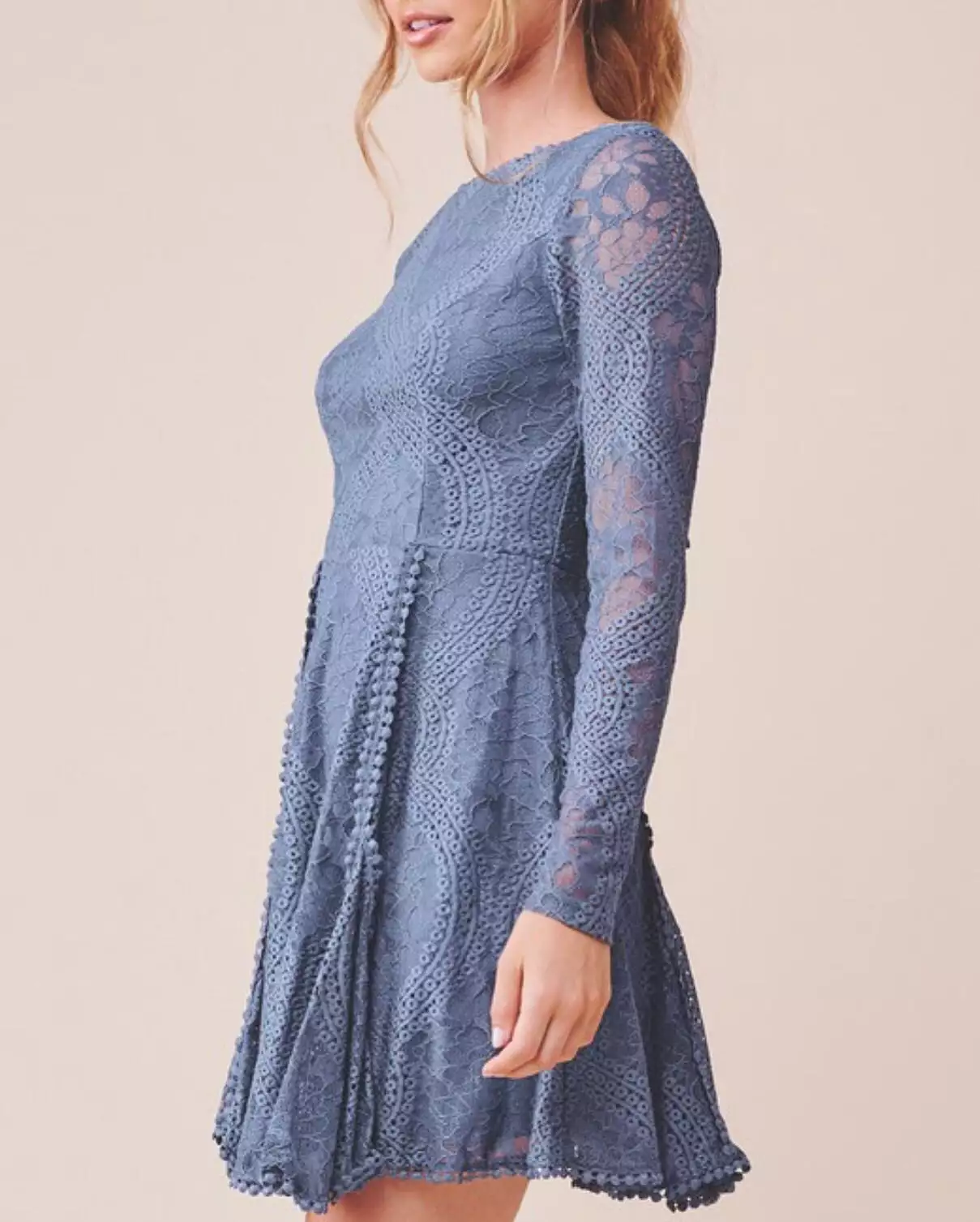 Abigail dusty blue lace long sleeve backless fit and flare Dress