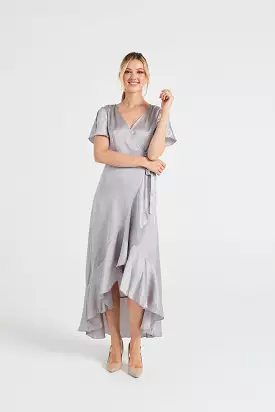 Angeleye Satin Wrap Maxi Dress With Ruffled Hem