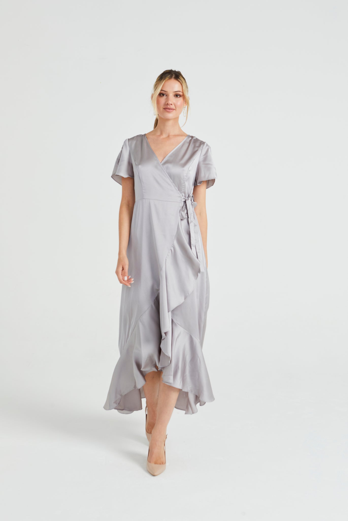 Angeleye Satin Wrap Maxi Dress With Ruffled Hem