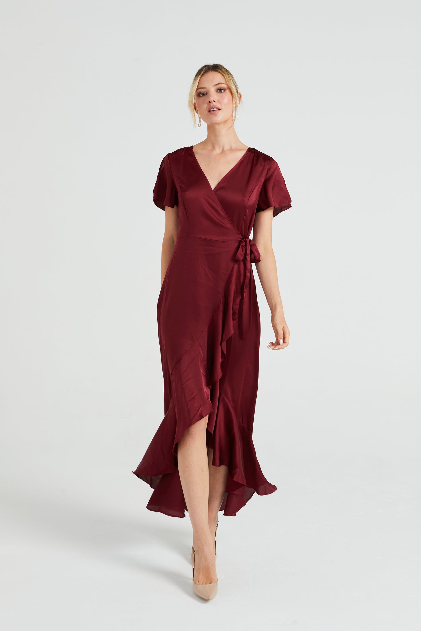 Angeleye Satin Wrap Maxi Dress With Ruffled Hem