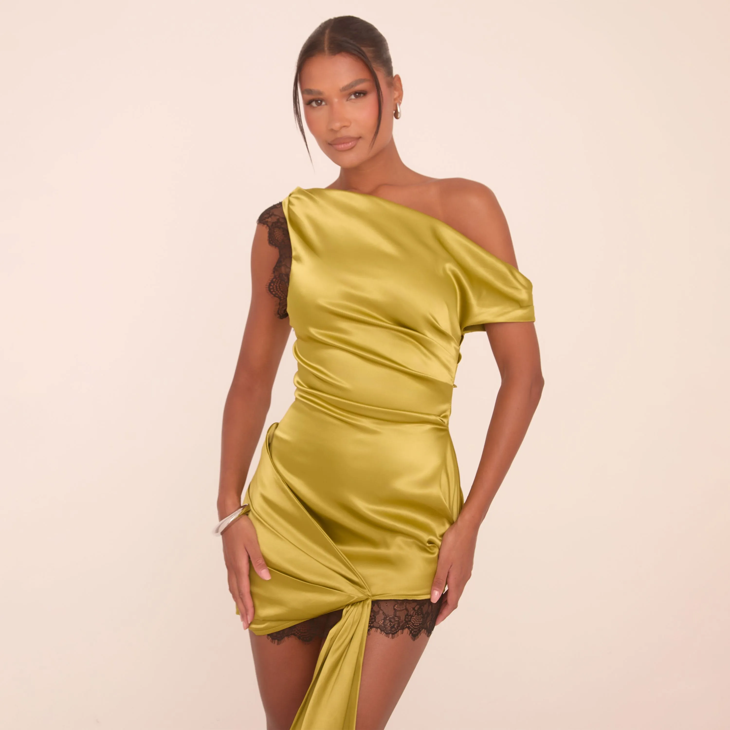 Asymmetric One Shoulder Lace Trim Drape Front Mini Dress In Chartreuse Satin