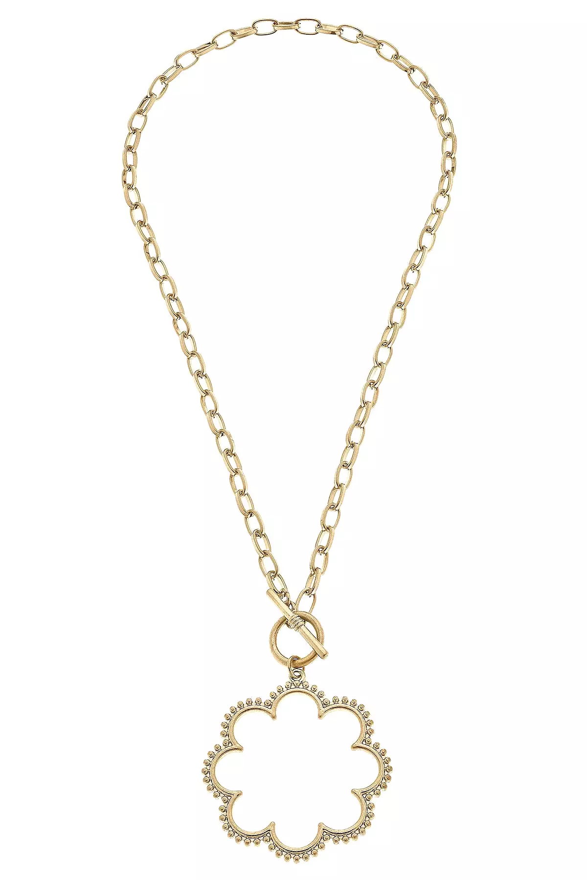 Belle Studded Flower T-Bar Necklace in Worn Gold by CANVAS