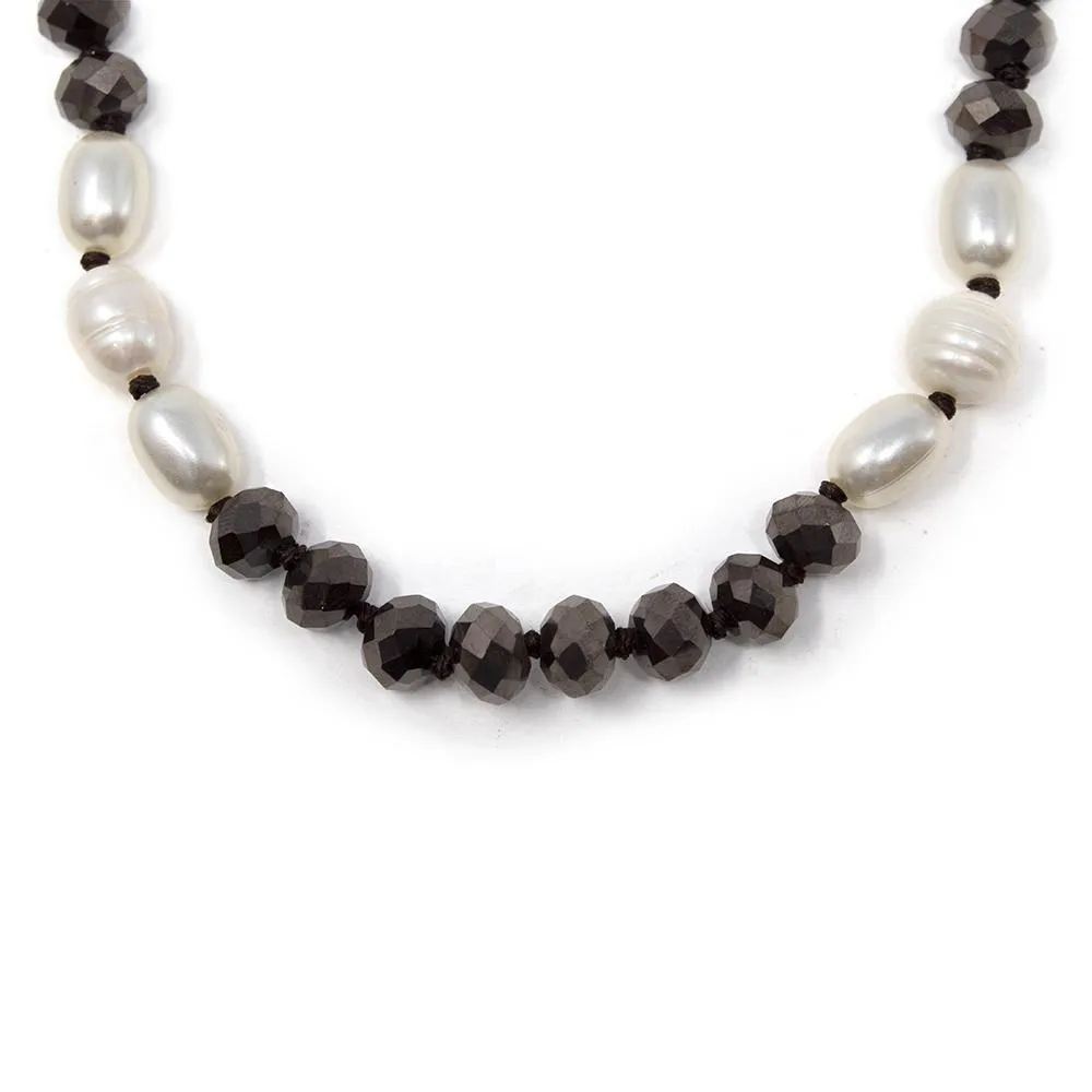 Black Faceted Glass Bead Long Necklace with Pearls Station