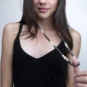 Black Faceted Glass Bead Long Necklace with Pearls Station