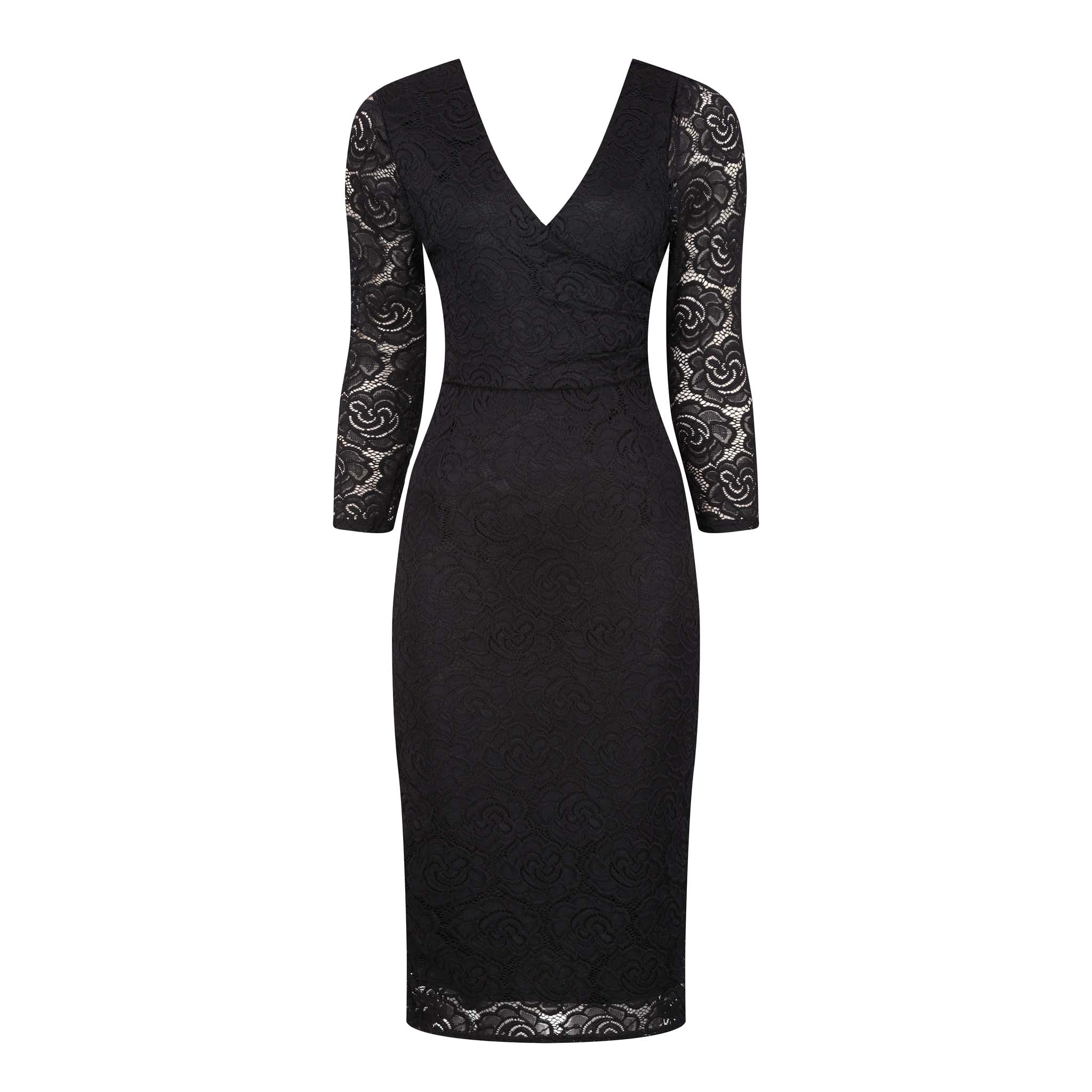 Black Lace 3/4 Sleeve Wrap Over Effect Midi Dress