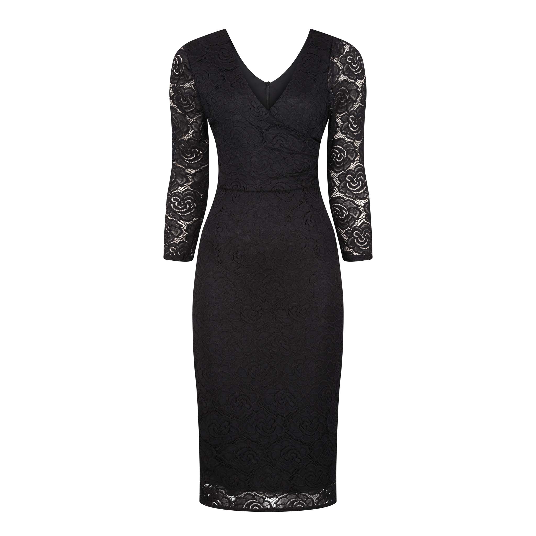 Black Lace 3/4 Sleeve Wrap Over Effect Midi Dress