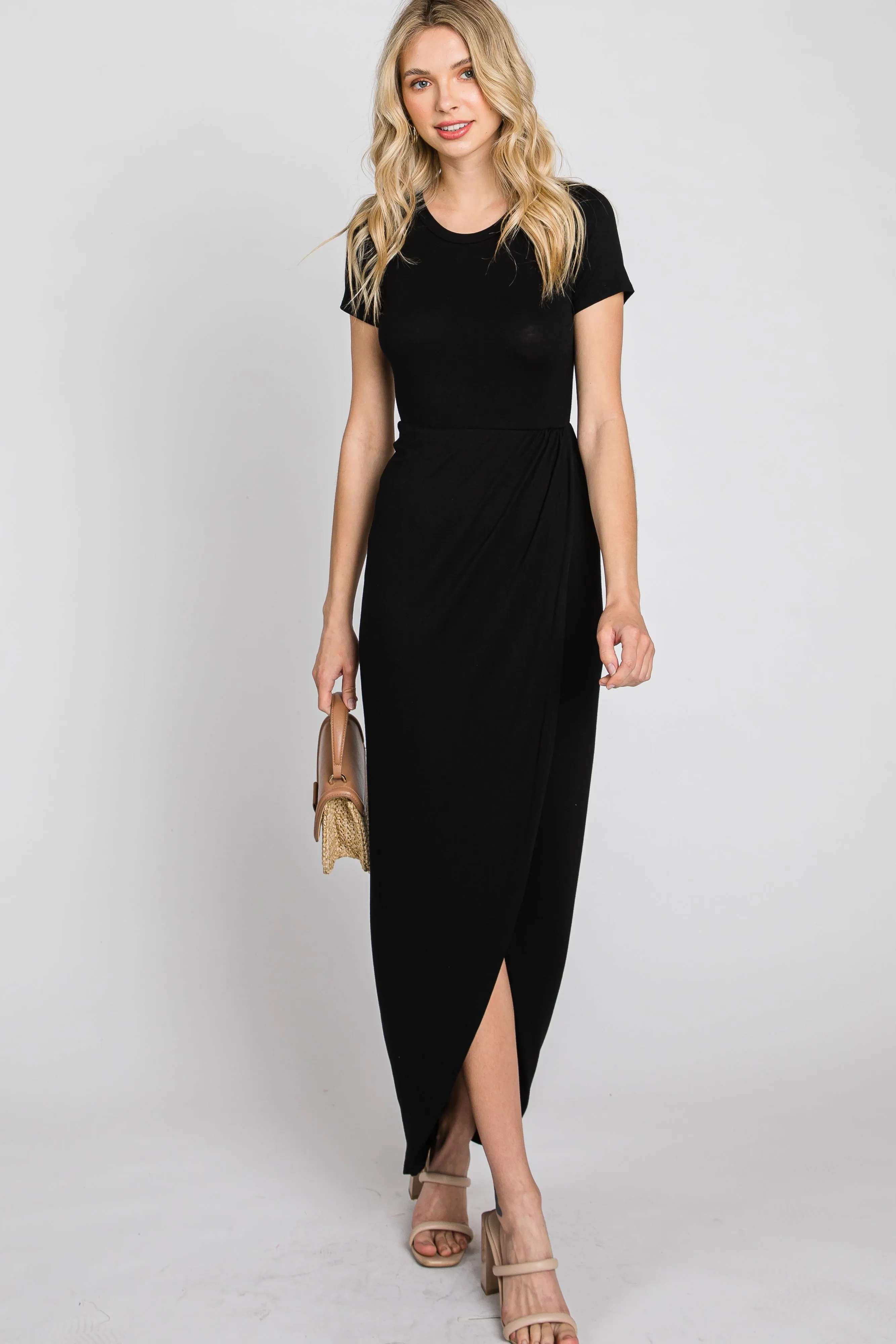 Black Short Sleeve Wrap Hem Maxi Dress