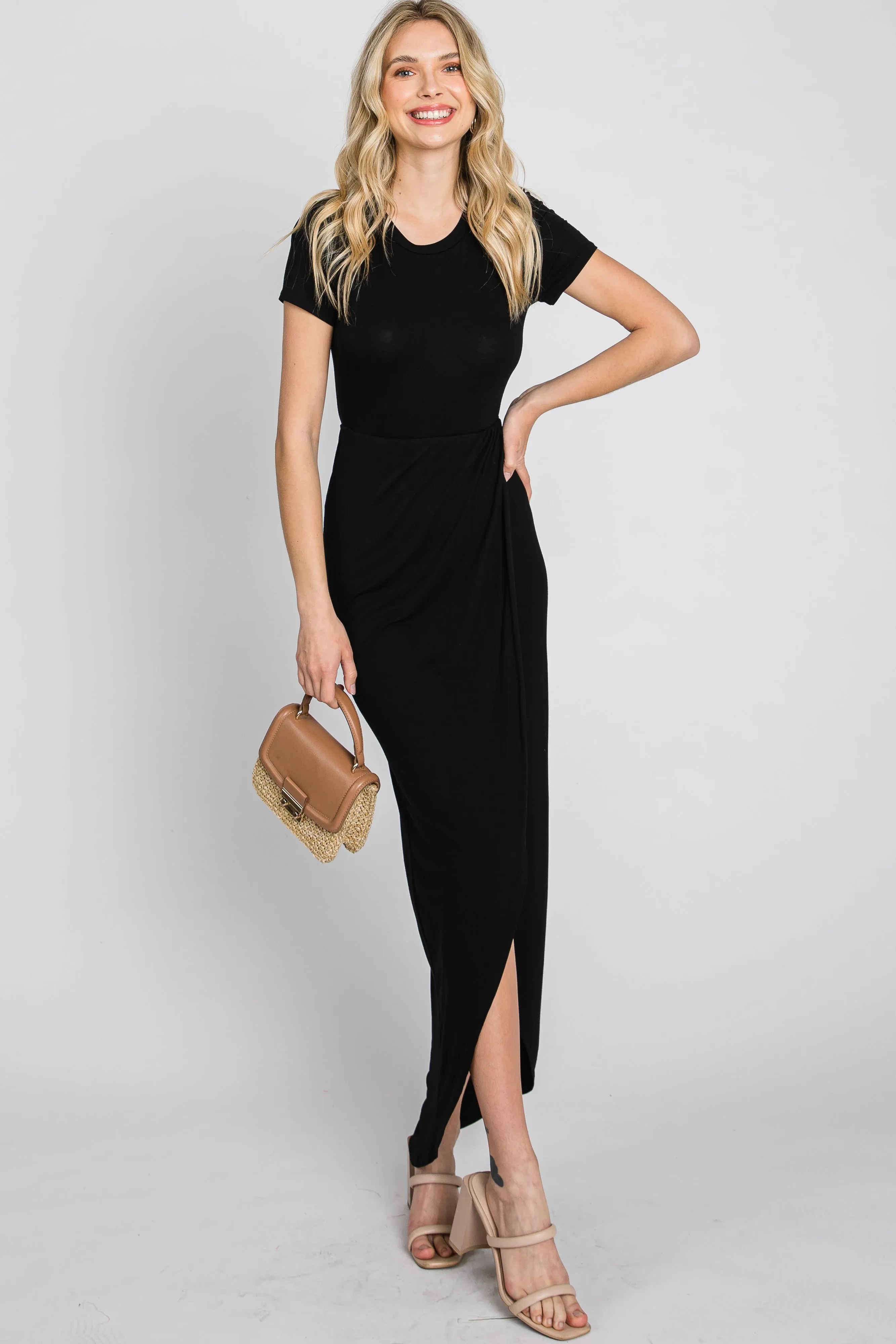 Black Short Sleeve Wrap Hem Maxi Dress