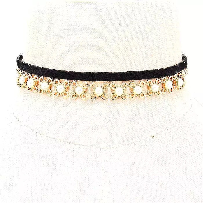 Black Suede and Gold Chain and Pearl Choker