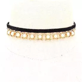 Black Suede and Gold Chain and Pearl Choker