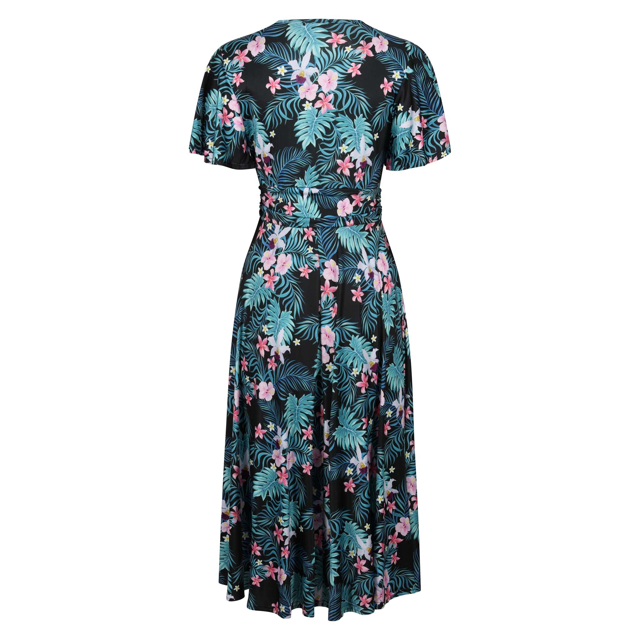 Black Tropical Floral Print Cap Sleeve V Neck Wrap Top Swing Dress