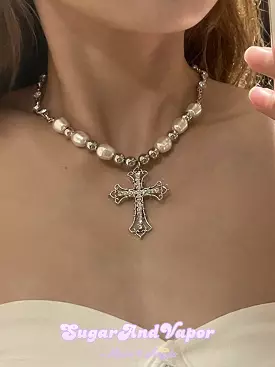 Bling Baroque Cross Pearls Choker