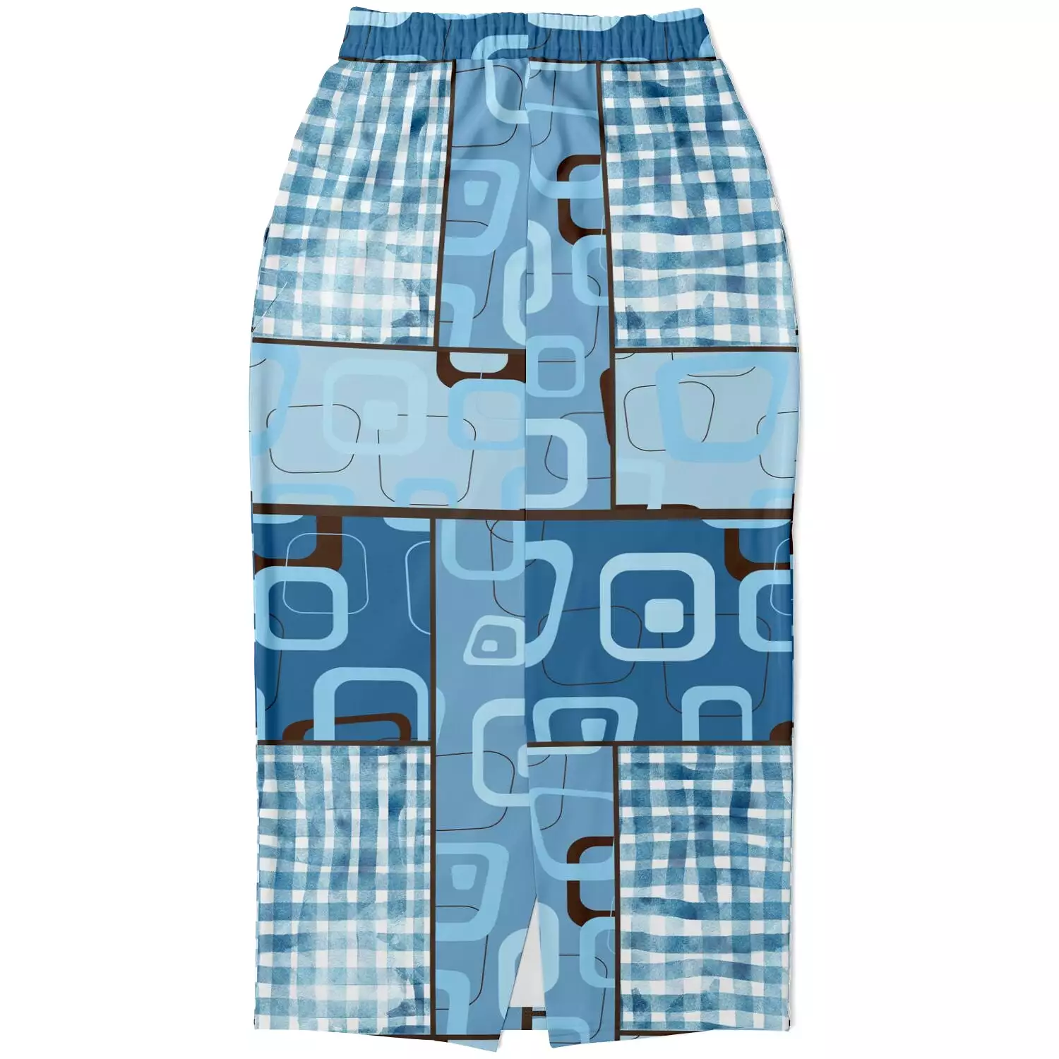 Blue Geo Patchwork Eco-Poly Long Pocket Skirt