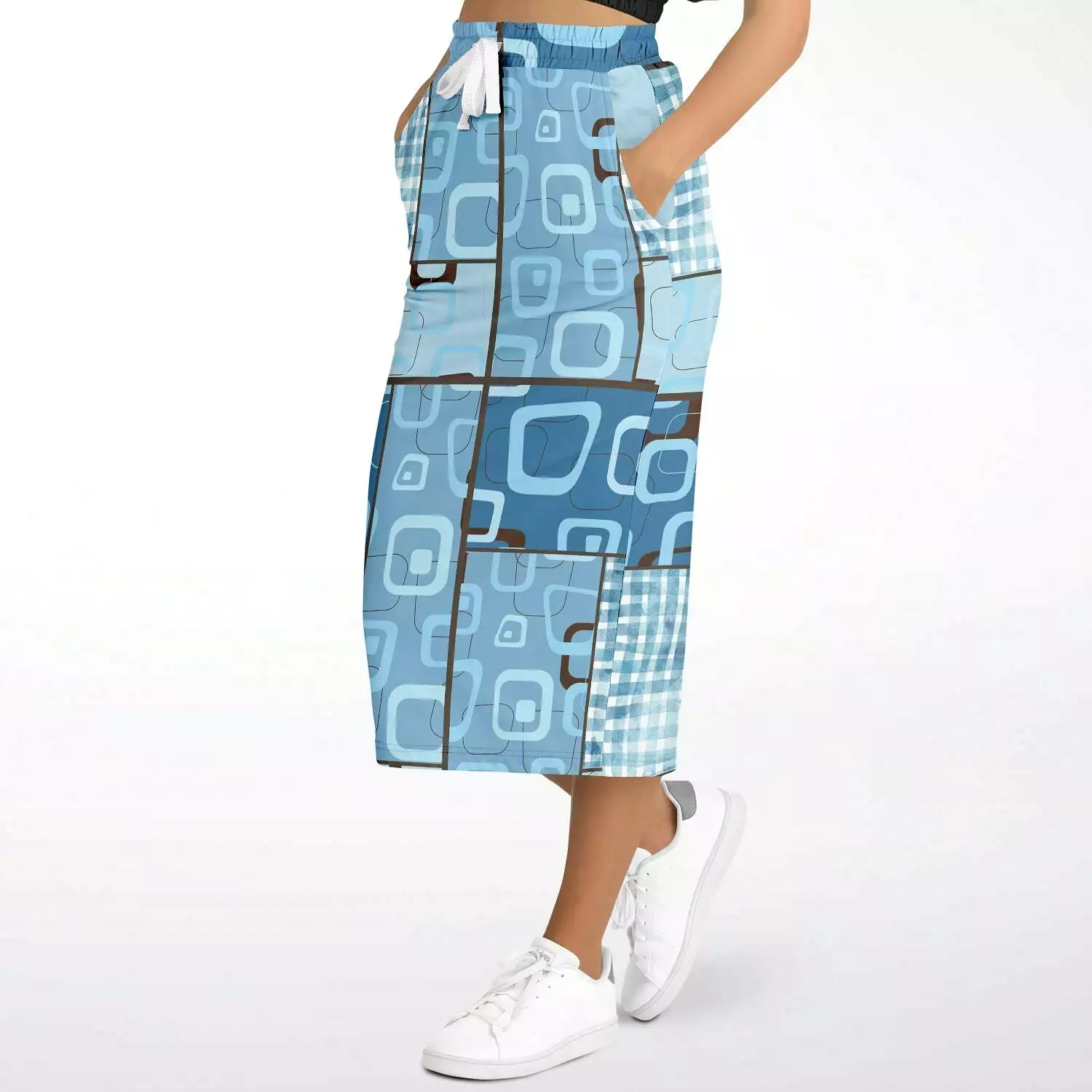 Blue Geo Patchwork Eco-Poly Long Pocket Skirt