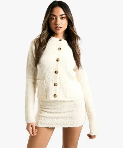 boohoo Womens Borg Knitted Pocket Detail Crop Cardigan And Low Rise Micro Mini Skirt Sett