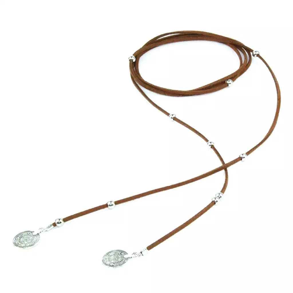 Brown Suede Wrap Choker with Silver Beads and Silver Coins