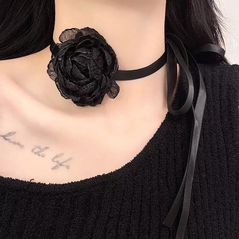 Cool Retro Black Dinner Party Big Flower Lace Choker Collar Sexy Neck Band Necklace for Women Girls Jewelry