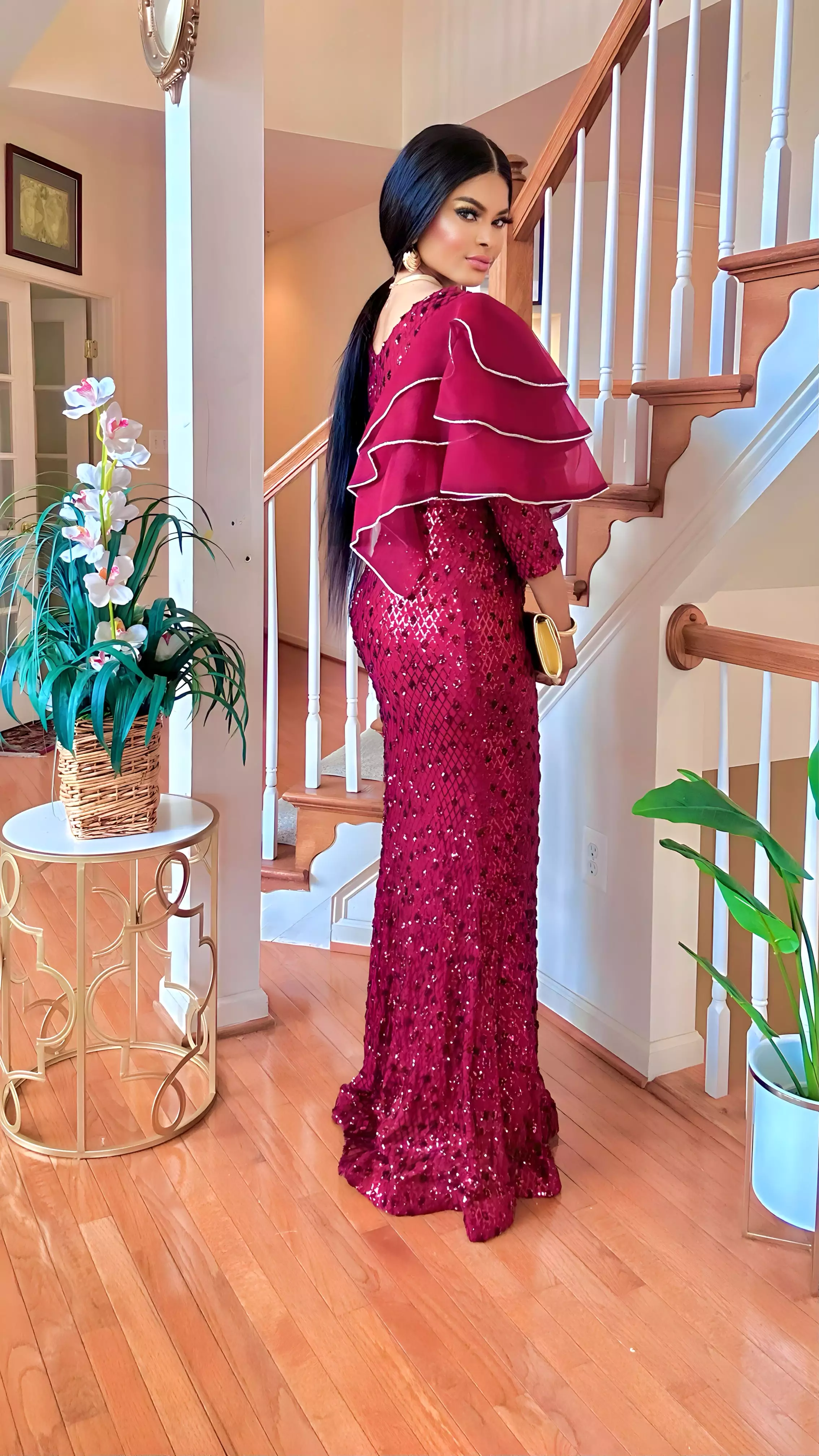 COUTURE SEQUINS FLOOR LENGTH DRESS(BURGUNDY)