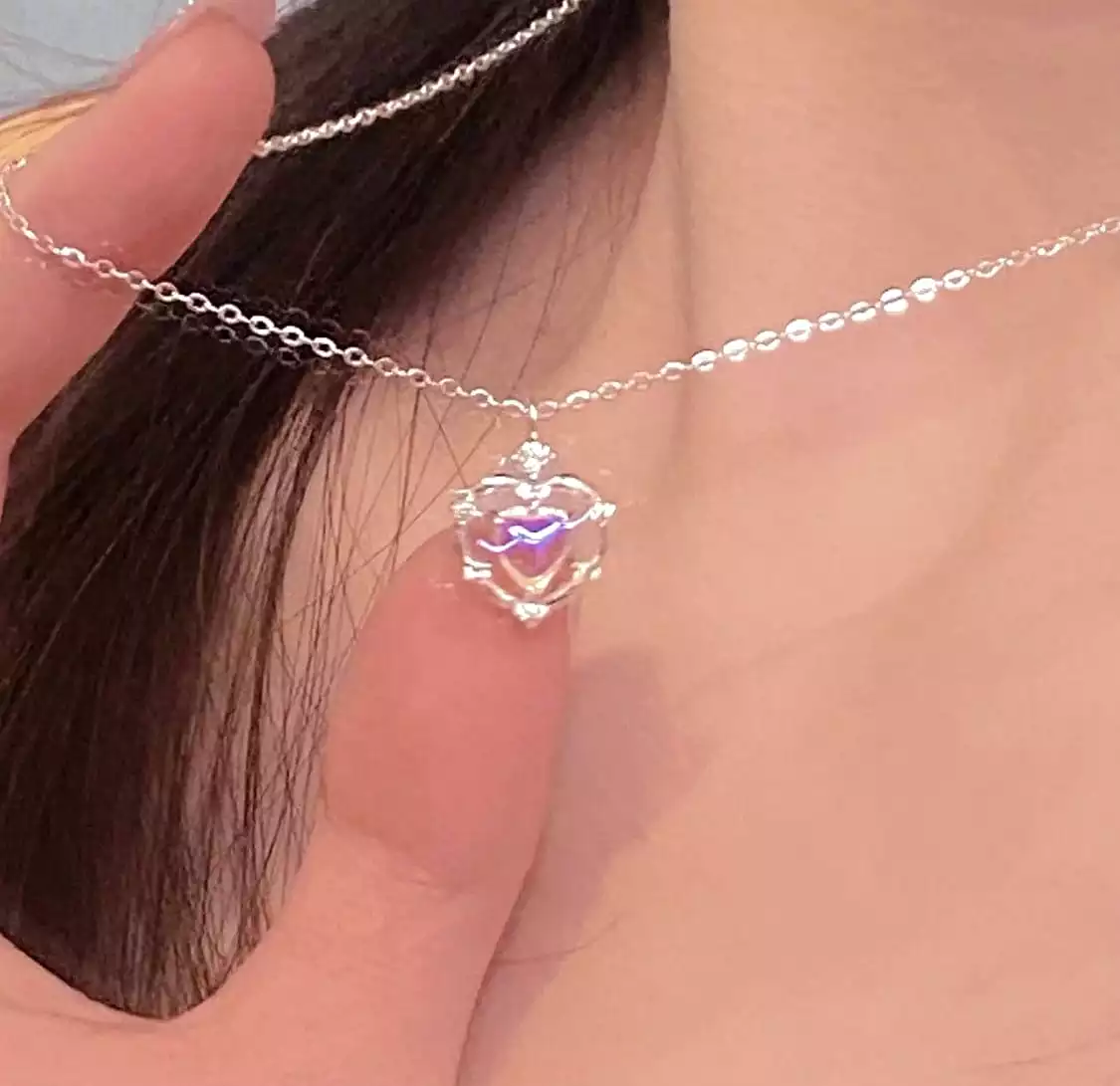 Dainty CZ Inlaid Opal Heart Pendant Choker Necklace