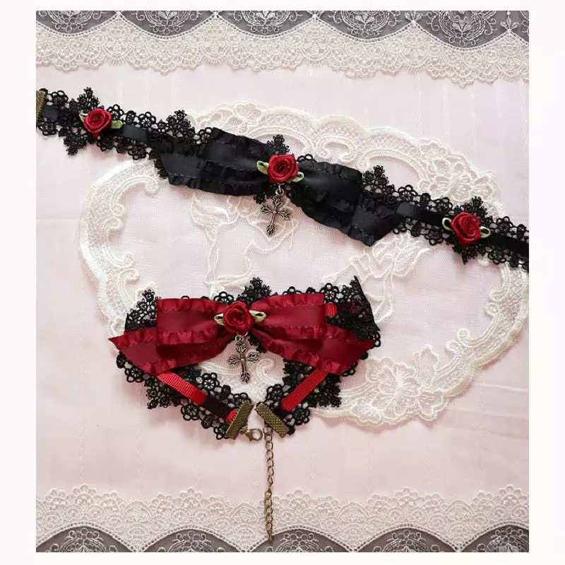 DARK LOLITA ROSE LACE CROSS CHOKER BY13010