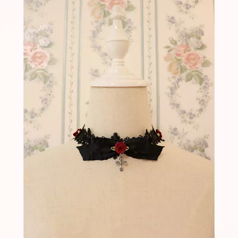 DARK LOLITA ROSE LACE CROSS CHOKER BY13010