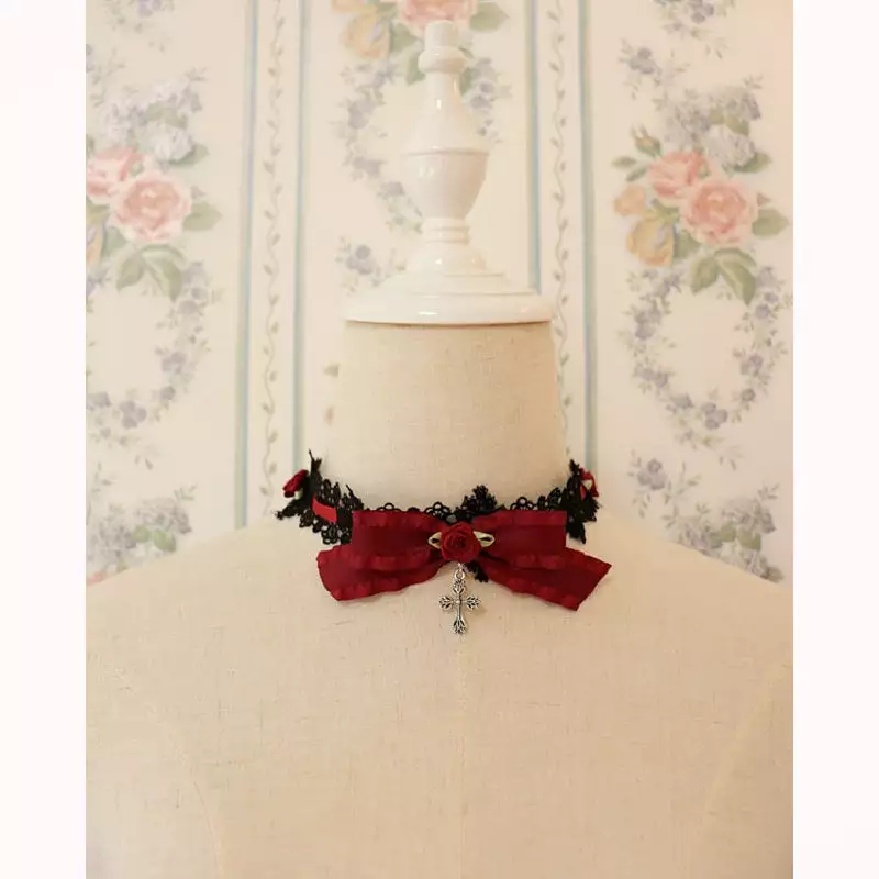 DARK LOLITA ROSE LACE CROSS CHOKER BY13010