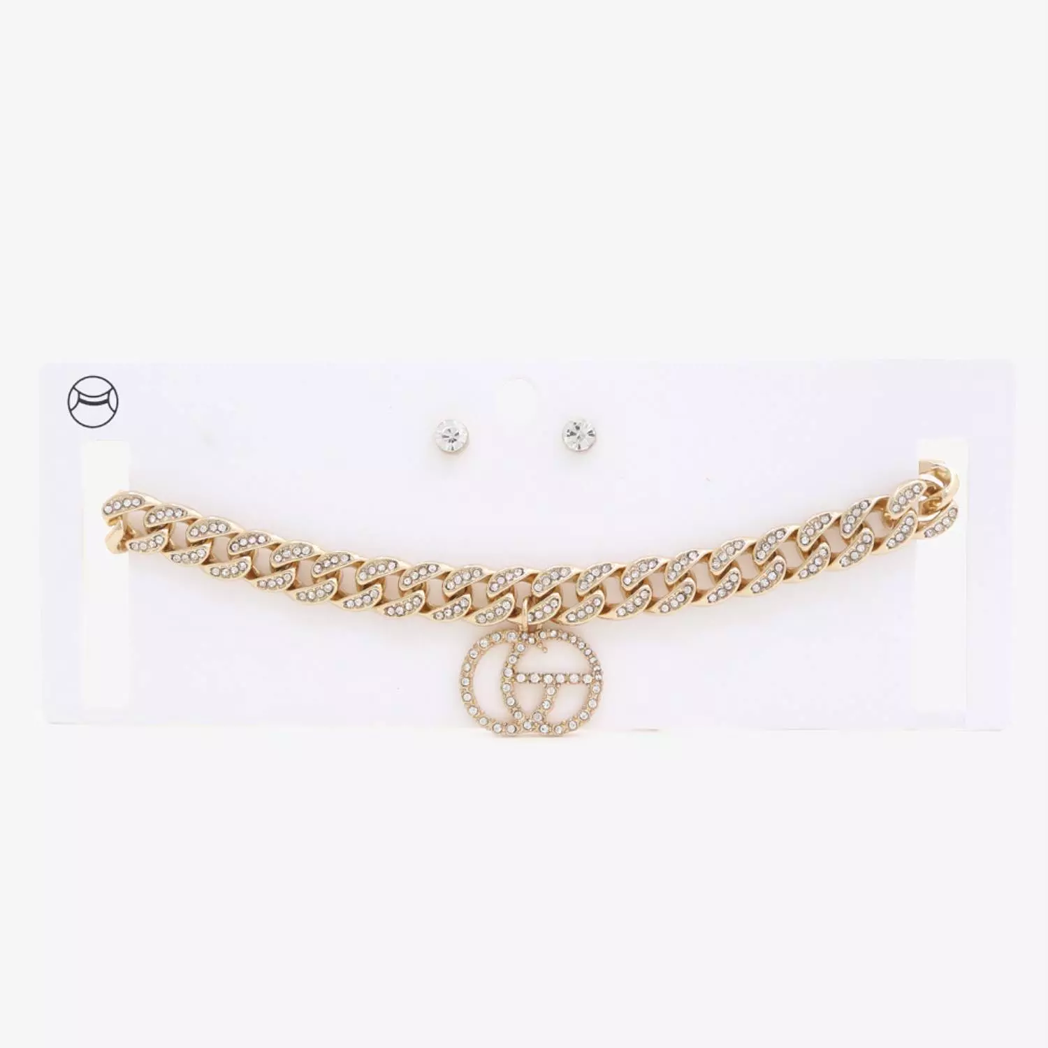 Double Circle Rhinestone Charm Curb Link Choker Necklace