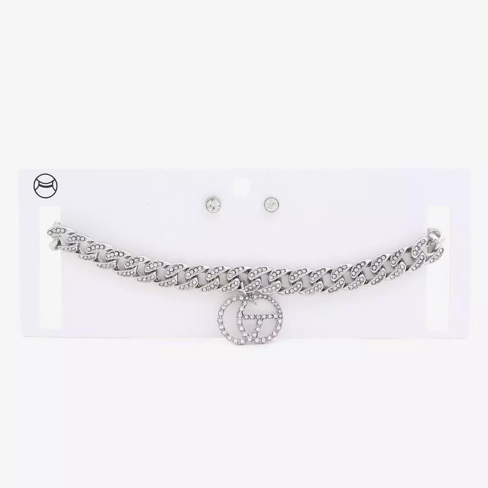 Double Circle Rhinestone Charm Curb Link Choker Necklace