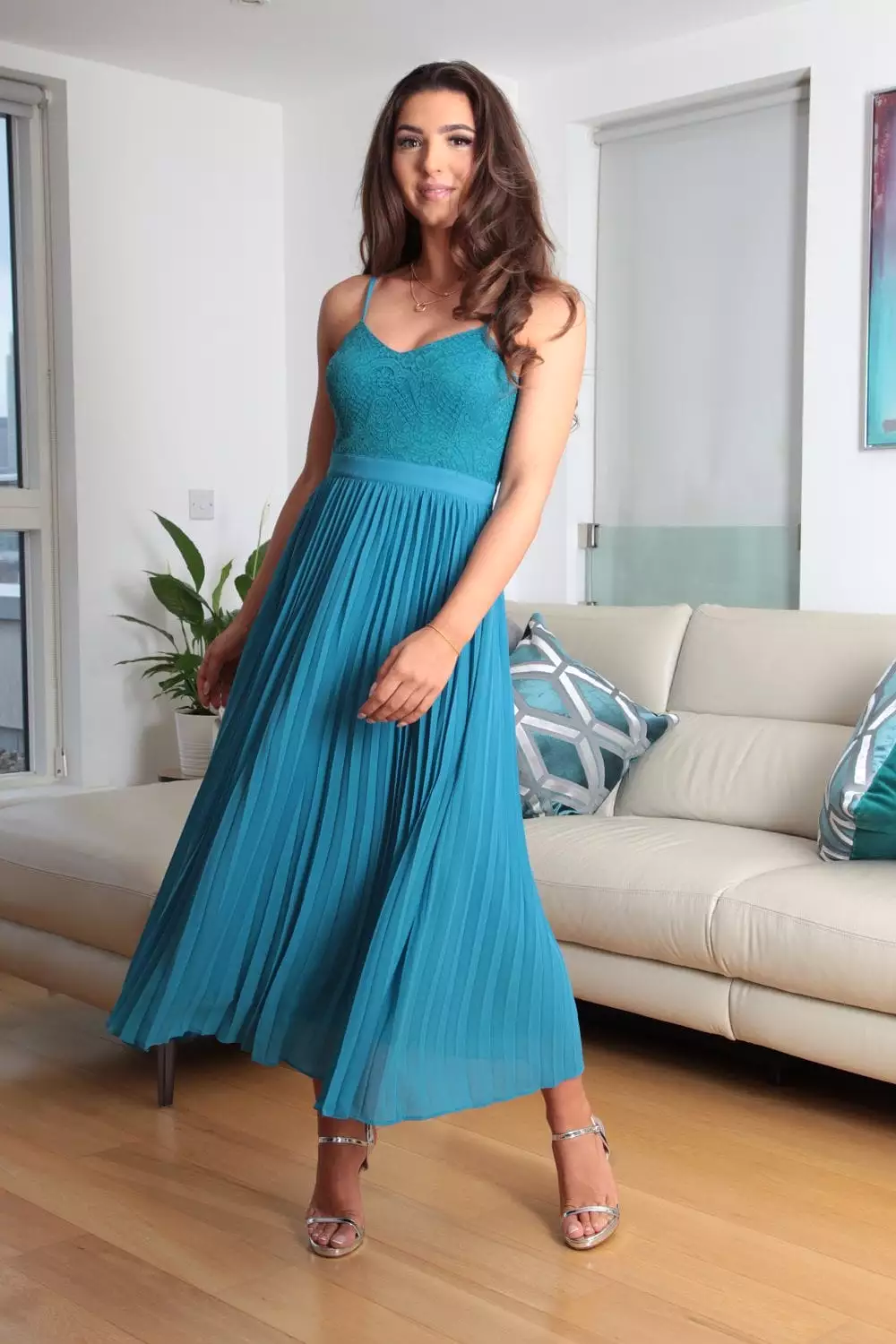 Double Second Blue Strappy Pleated Lace Dress