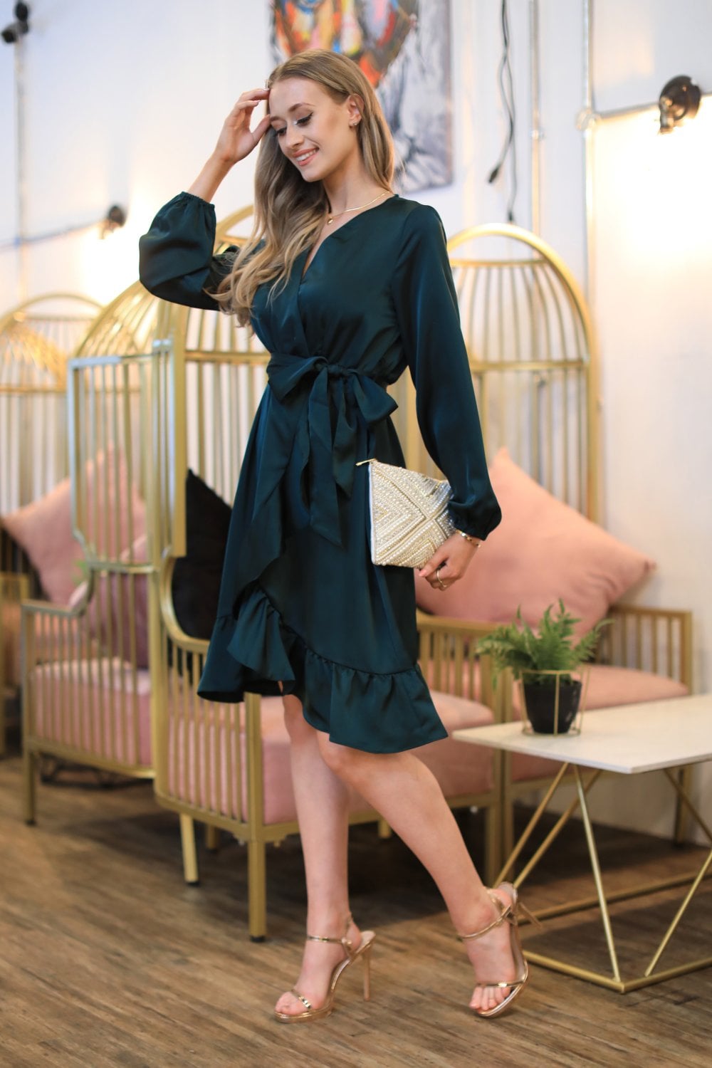 Double Second Dark Green Frill Wrap Dress