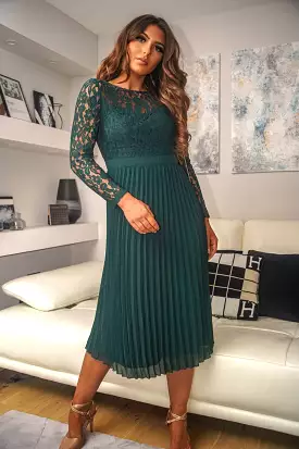 Double Second Green Long Sleeve Lace Pleated Dress