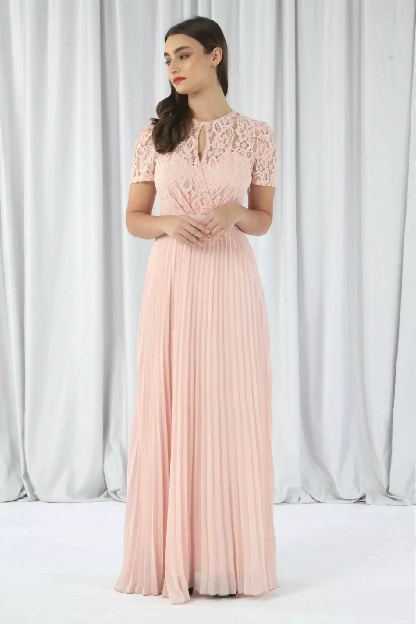 Double Second Pink Pleated Sleeve Lace Dress