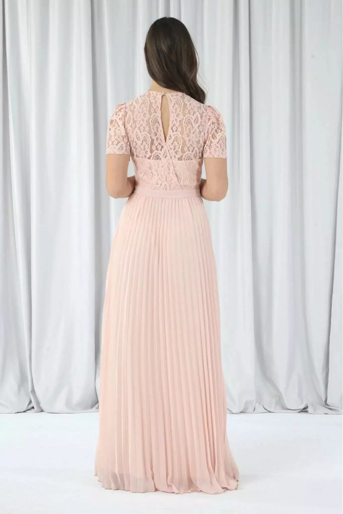 Double Second Pink Pleated Sleeve Lace Dress