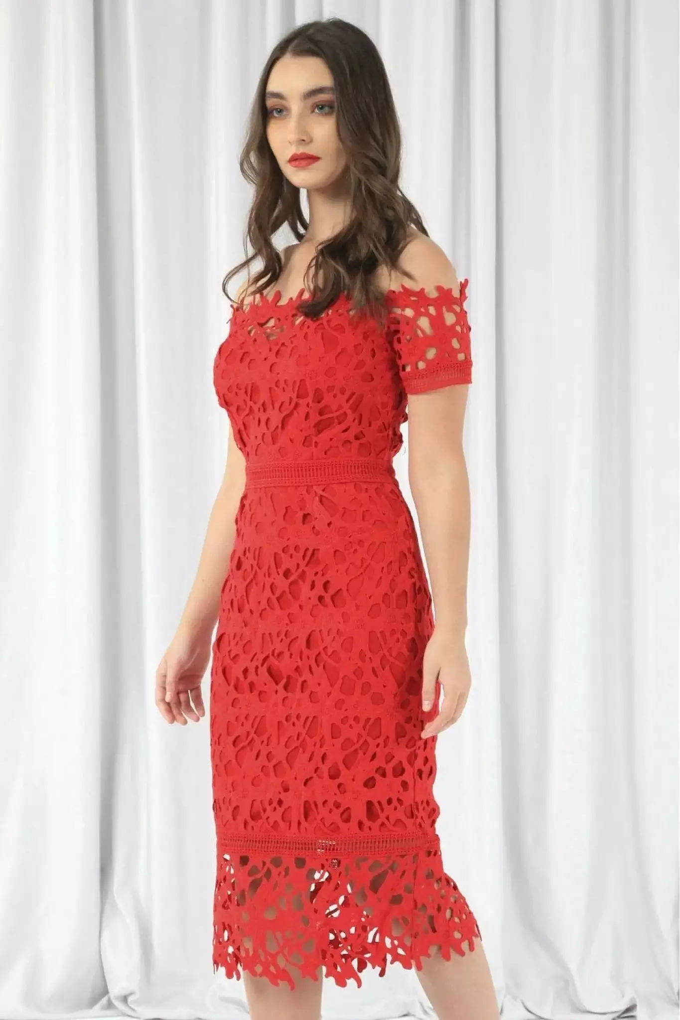 Double Second Red Bardot Lace Dress