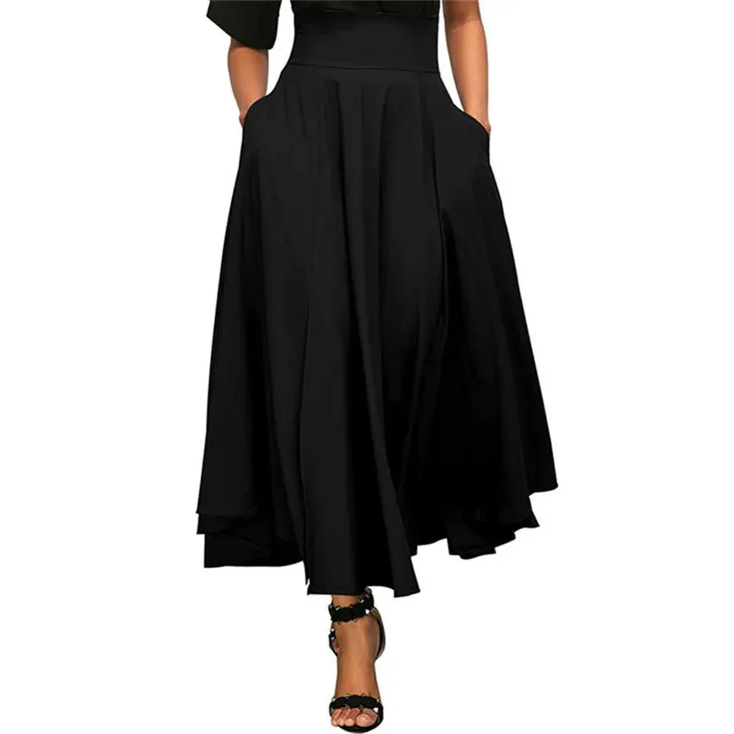 Elastic Pleated Skirt High Waist Pocket Wide Lady Bottom