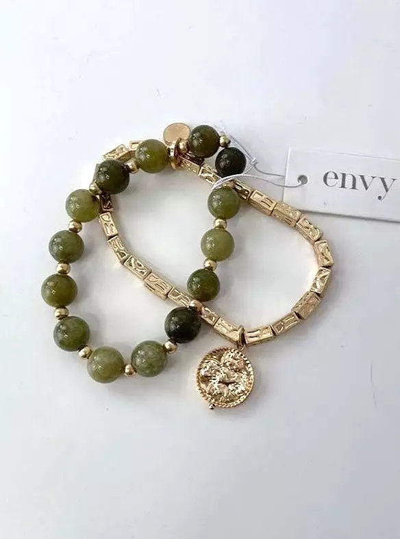 Envy Double Strand Beaded Pendant Bracelet - Gold & Green