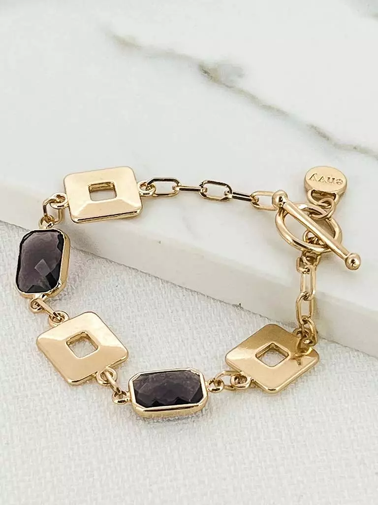 Envy Trinny Gemstone Chain T-Bar Bracelet - Gold & Purple