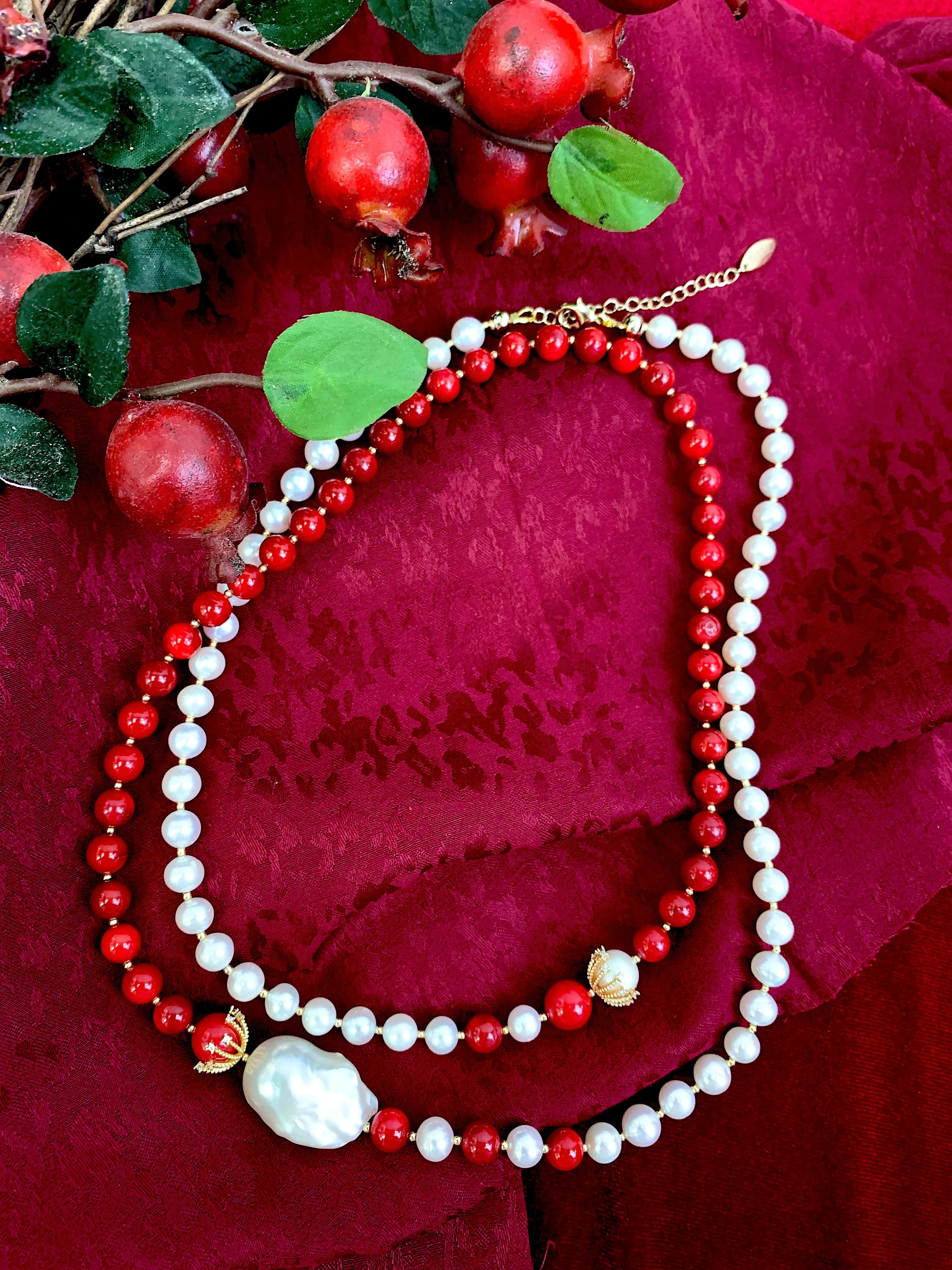 Freshwater Pearls With Bamboo Coral And Baroque Pearl Long Necklace HN035