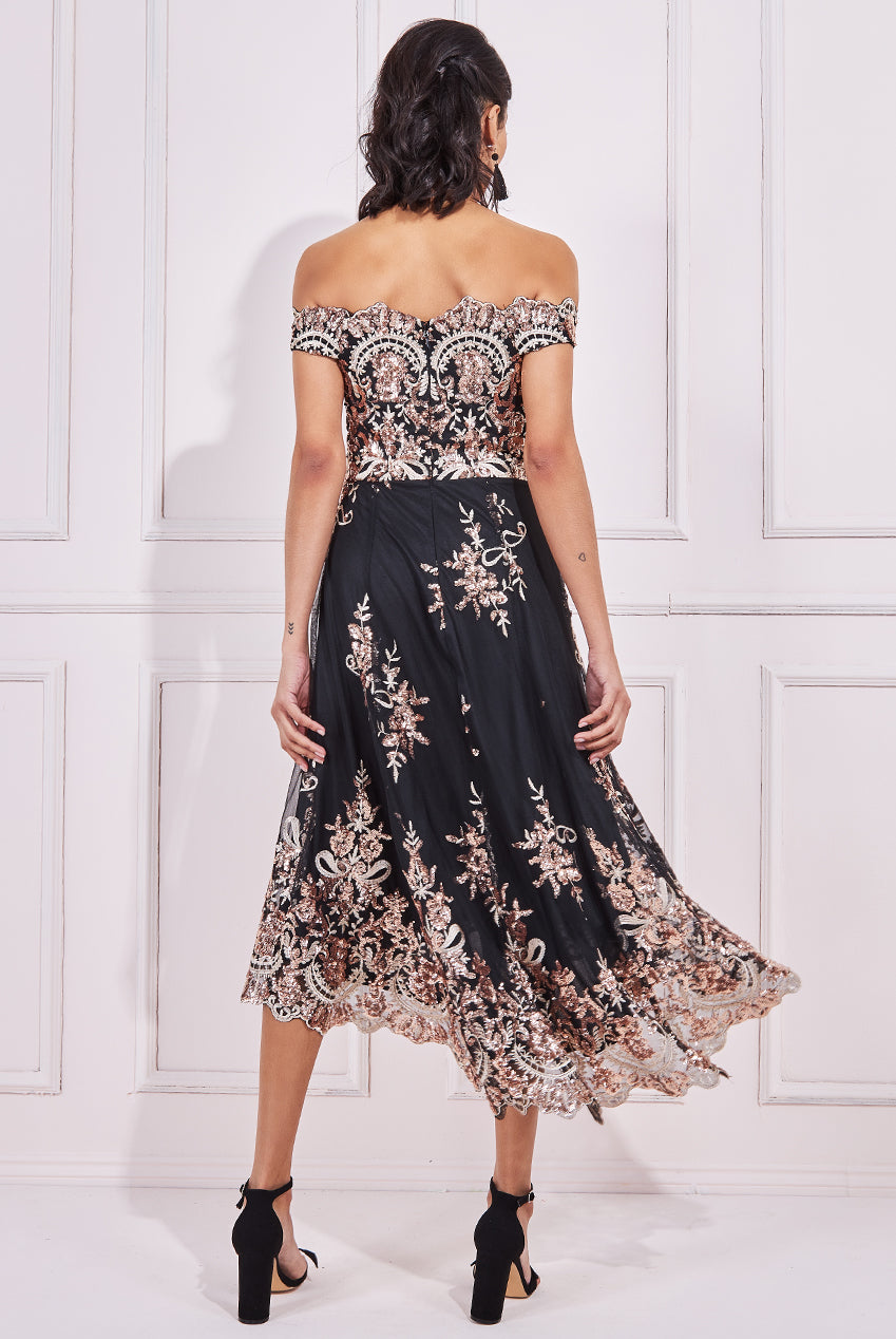 Goddiva Bardot Sequin & Lace High Low Midi Dress