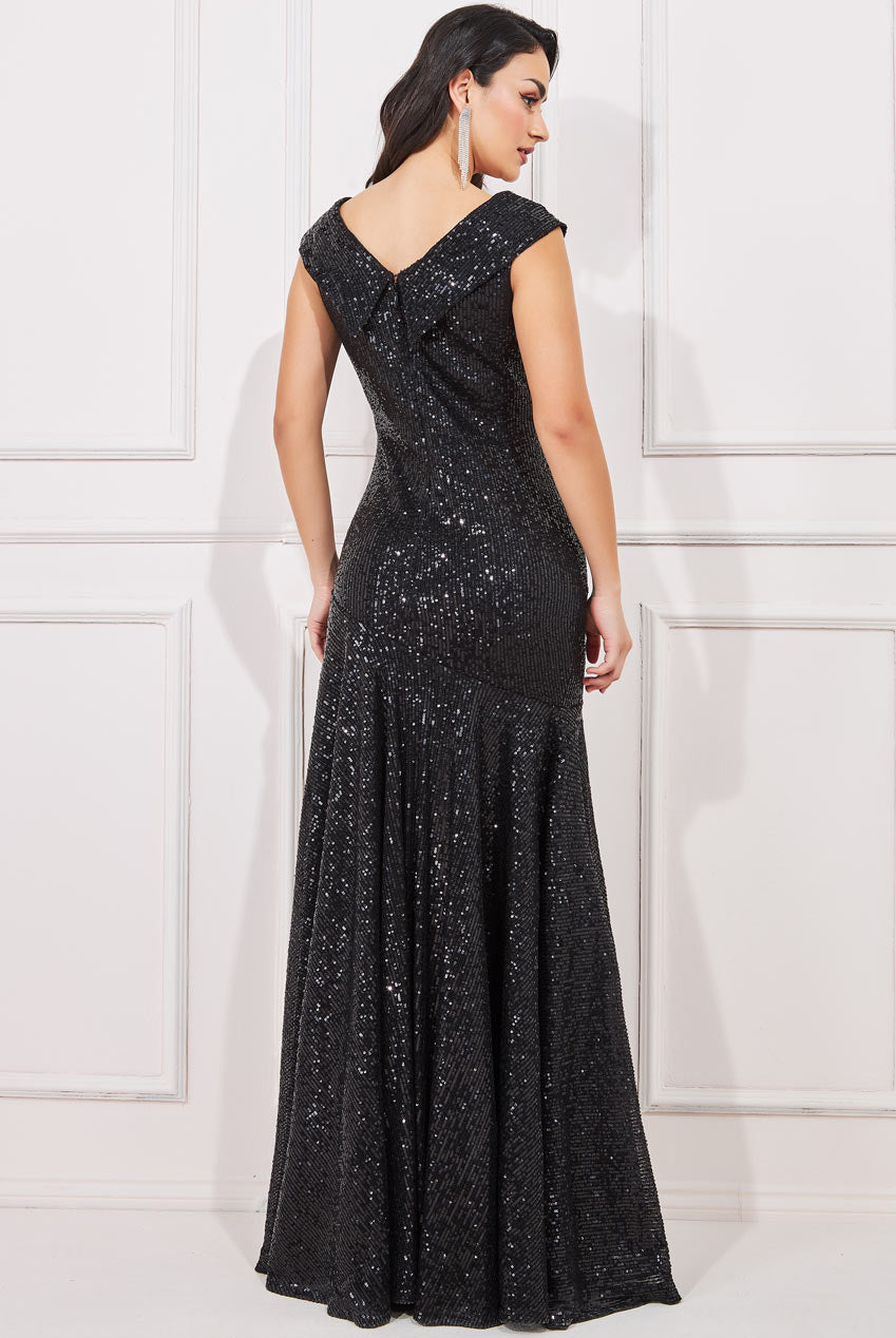 Goddiva Bardot Sequin Pleated Maxi Dress