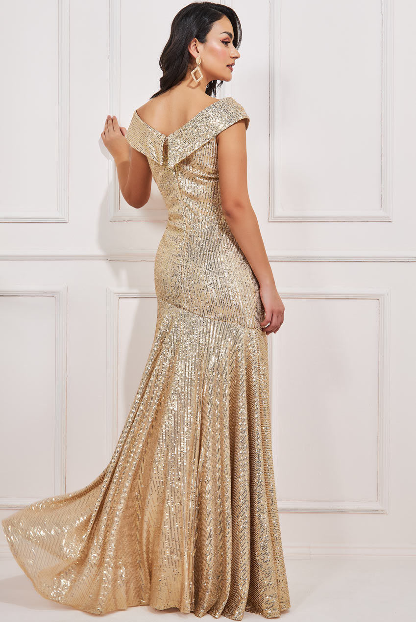 Goddiva Bardot Sequin Pleated Maxi Dress