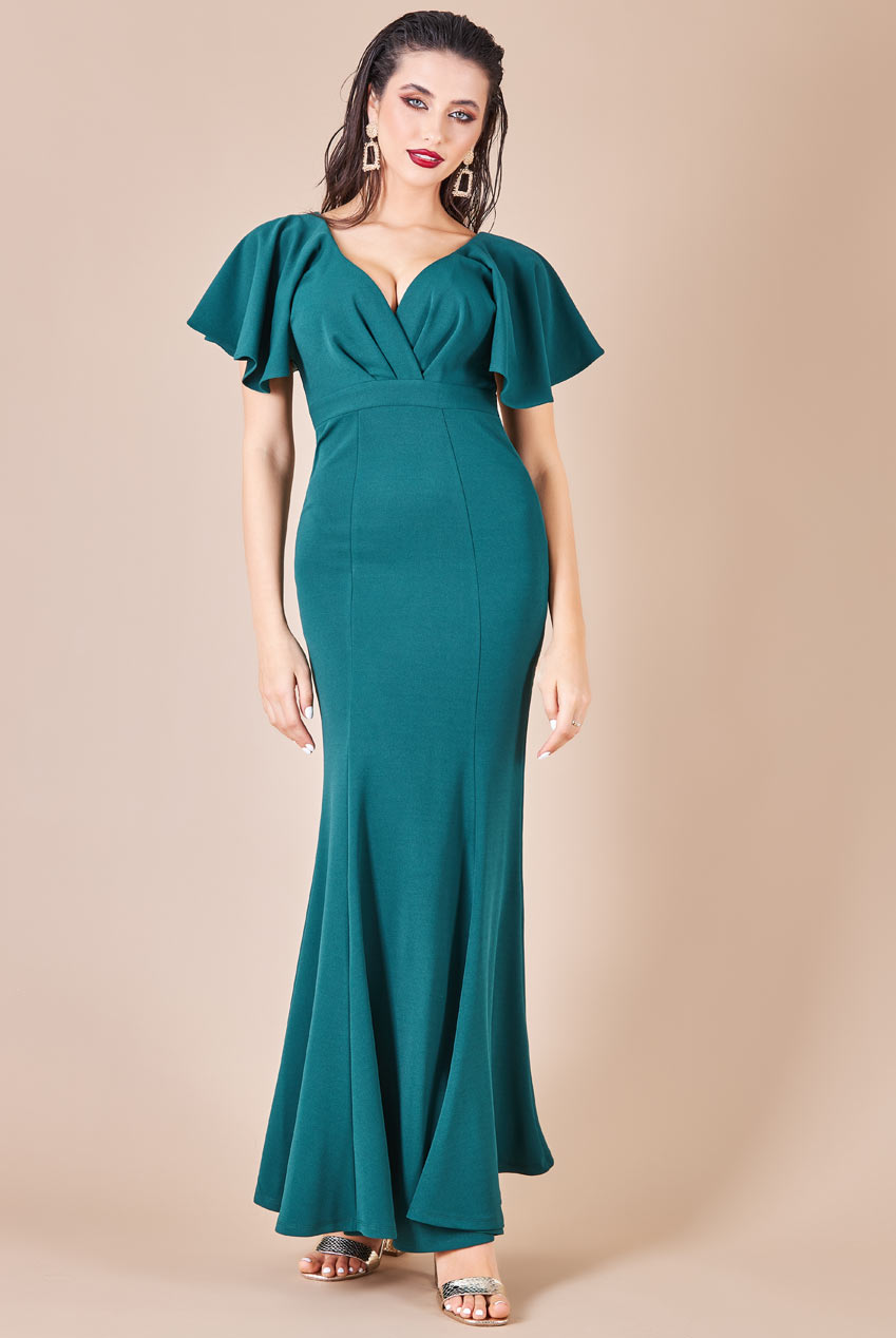 Goddiva Flared Sleeve Front Wrap Maxi Dress