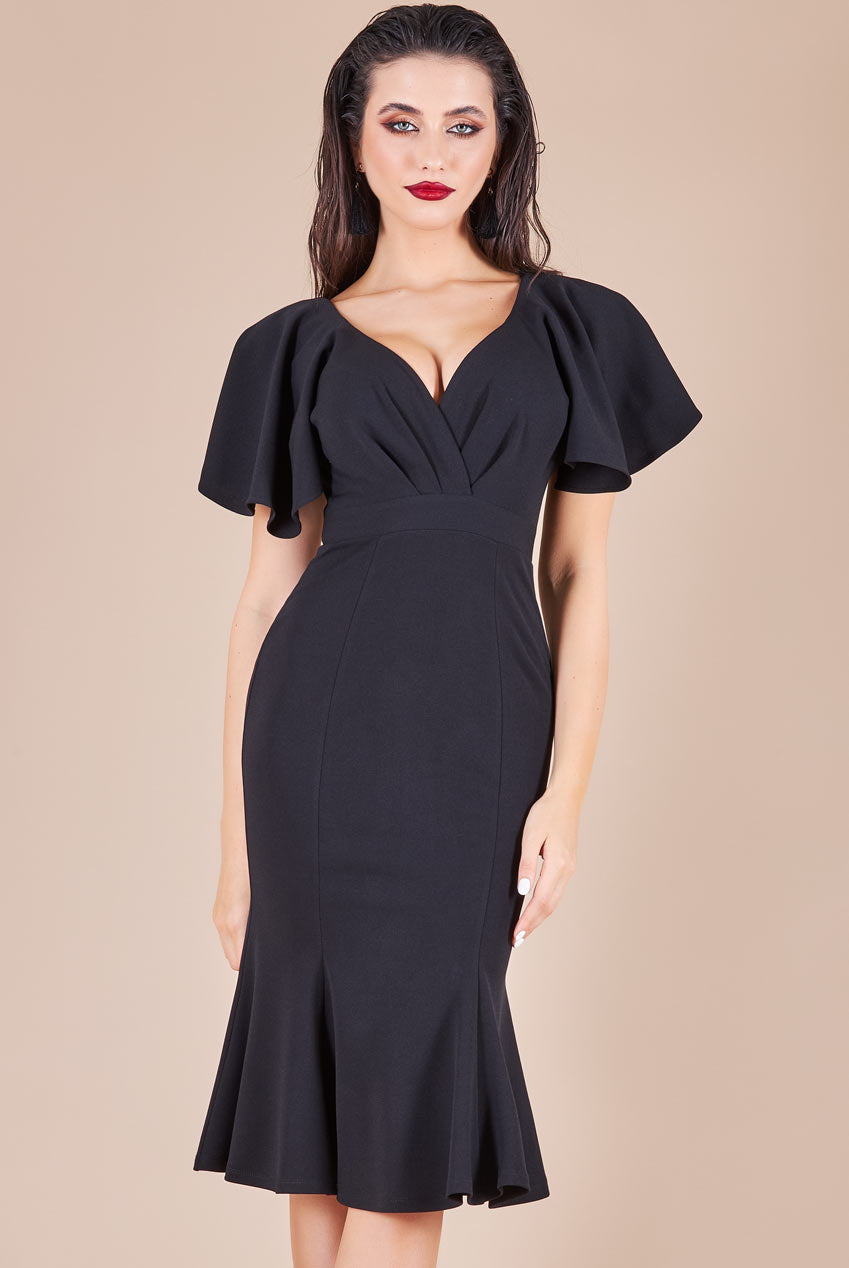 Goddiva Flared Sleeve Front Wrap Midi Dress