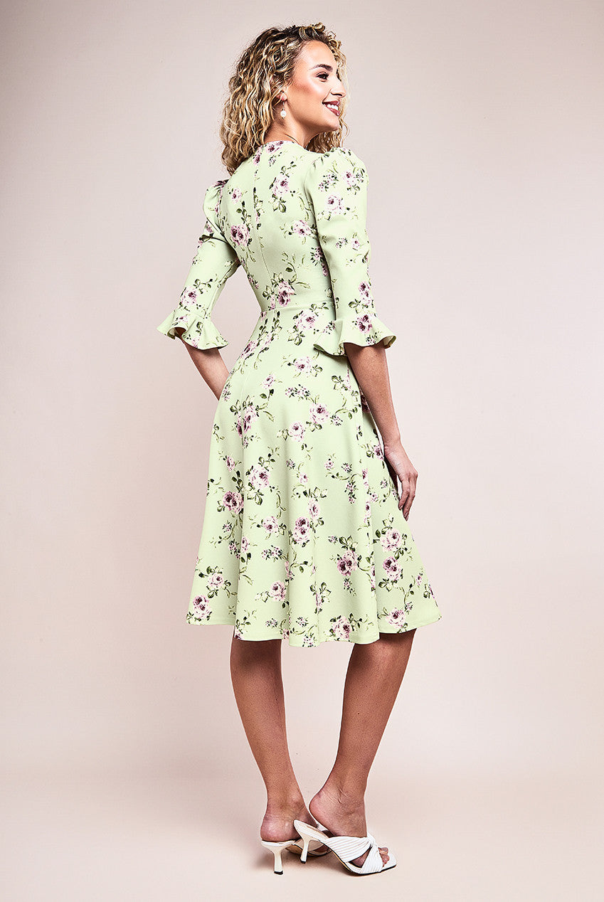 Goddiva Floral Printed Flared Sleeve Midi Dress