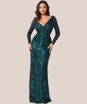 Goddiva Long Sleeve Sequin V Wrap Maxi Dress