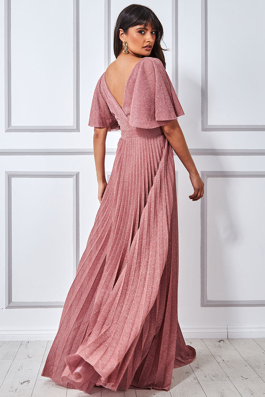 Goddiva Lurex Pleated Maxi Dress