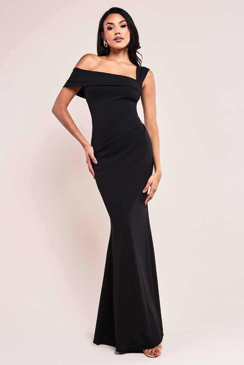 Goddiva Off The Shoulder Pleated Waist Maxi Dress